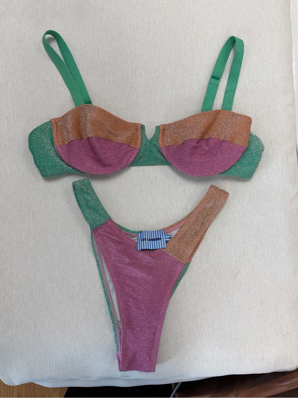 Les Canebiers Metallic Shimmer Colorblock Glitter Green/Purple/Gold Bikini Set
